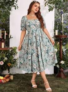 Breezaya Vestido largo con estampado floral, cuello cuadrado y mangas abullonadas para mujer de talla grande