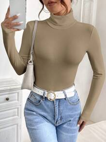 SHEIN PETITE Chất rắn Cổ cao Áo liền quần thun - màu xanh lá - Xem 5