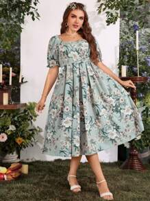 Breezaya Vestido largo con estampado floral, cuello cuadrado y mangas abullonadas para mujer de talla grande