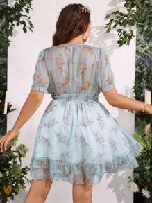 SHEIN MOD Plus Floral Print Knot Front Ruffle Hem Dress - Mint Green - View 2