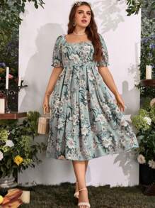 Breezaya Vestido largo con estampado floral, cuello cuadrado y mangas abullonadas para mujer de talla grande