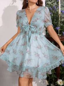 SHEIN MOD Plus Floral Print Knot Front Ruffle Hem Dress - Mint Green - View 3