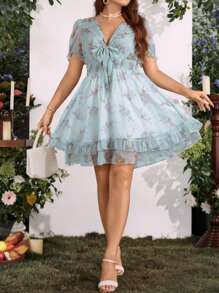 SHEIN MOD Plus Floral Print Knot Front Ruffle Hem Dress - Mint Green - View 4