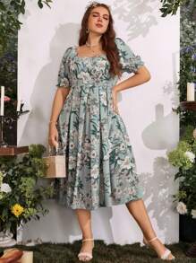 Breezaya Vestido largo con estampado floral, cuello cuadrado y mangas abullonadas para mujer de talla grande