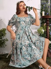 Breezaya Vestido largo con estampado floral, cuello cuadrado y mangas abullonadas para mujer de talla grande