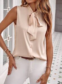 SHEIN Clasi 繫帶領前紐扣無袖襯衫