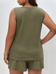 SHEIN Frenchy 大碼補丁貼口袋背心上衣和短褲 - 綠色 - 查看 2