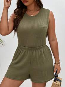 SHEIN Frenchy 大碼補丁貼口袋背心上衣和短褲 - 綠色 - 查看 5