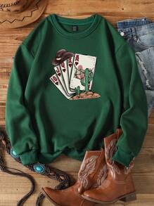 SHEIN LUNE 撲克牌圖案加絨內裏運動衫 - 墨綠色 - 查看 1