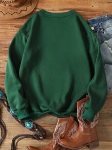 SHEIN LUNE 撲克牌圖案加絨內裏運動衫 - 墨綠色 - 查看 2