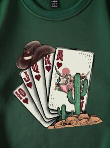 SHEIN LUNE 撲克牌圖案加絨內裏運動衫 - 墨綠色 - 查看 4