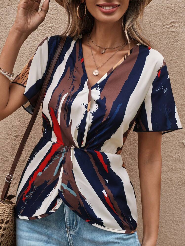 SHEIN LUNE Brush Print Asymmetrical Hem Blouse - Multicolor - View 3