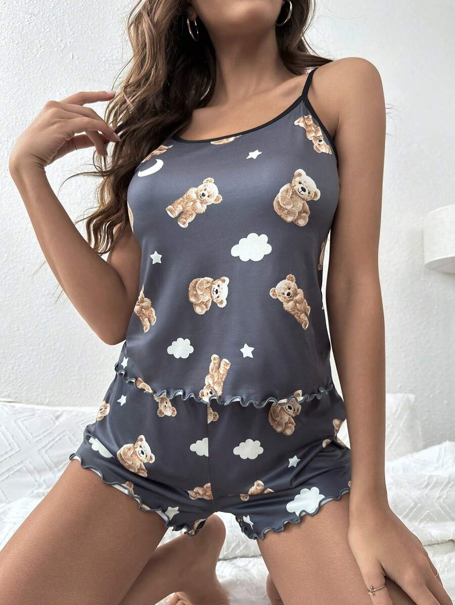 Conjunto de pijama con estampado de dibujos animados ribete en forma de lechuga - Gris - Ver 1