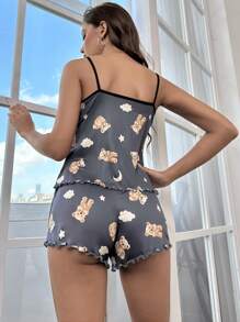 Conjunto de pijama con estampado de dibujos animados ribete en forma de lechuga - Gris - Ver 2