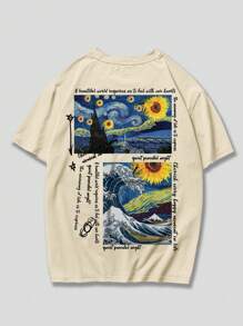 ROMWE MEN Street Life 男式标语图案 T 恤，学校 - 卡其色 - 查看 1