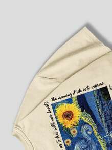 ROMWE MEN Street Life 男式标语图案 T 恤，学校 - 卡其色 - 查看 3