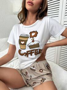 Cartoon & Letter Graphic PJ Set / Pajama Set - Multicolor - View 1