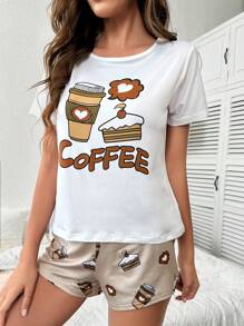 Cartoon & Letter Graphic PJ Set / Pajama Set - Multicolor - View 3