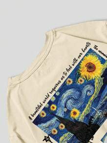 ROMWE MEN Street Life 男式标语图案 T 恤，学校 - 卡其色 - 查看 6