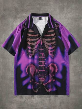 Grunge Punk Guys Skeleton Print Shirt