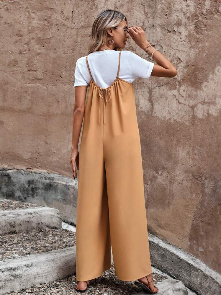 SHEIN LUNE Solid Wide Leg Cami Jumpsuit Without Tee - Camel - View 2
