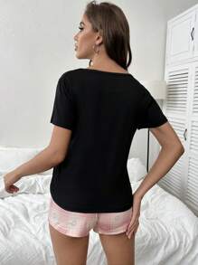 愛心和字母圖案前蝴蝶結睡衣套裝 - 彩色 - 查看 2