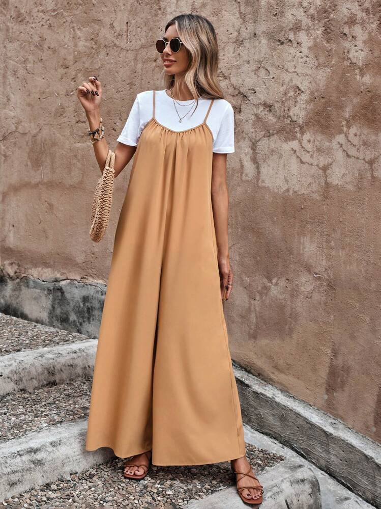 SHEIN LUNE Solid Wide Leg Cami Jumpsuit Without Tee - Camel - View 1