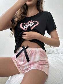 愛心和字母圖案前蝴蝶結睡衣套裝 - 彩色 - 查看 6