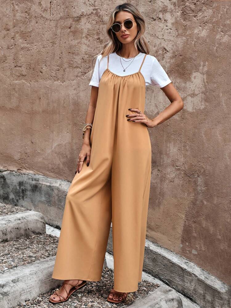 SHEIN LUNE Solid Wide Leg Cami Jumpsuit Without Tee - Camel - View 4