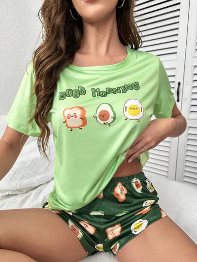 SweetSlumber Conjunto de pijama con camiseta gráfica de dibujos animados y letras y shorts