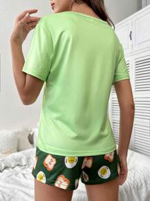 SweetSlumber Cartoon & Letter Graphic Tee & Shorts PJ Set / Pajama Set - Green - View 2