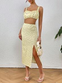 SHEIN VCAY 碎花寬肩帶上衣和高衩半身裙 - 黃色 - 查看 1