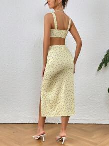 SHEIN VCAY 碎花寬肩帶上衣和高衩半身裙 - 黃色 - 查看 2