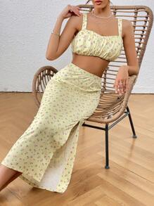 SHEIN VCAY 碎花寬肩帶上衣和高衩半身裙 - 黃色 - 查看 5