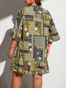 SHEIN Unity Plus Scarf Print Flare Sleeve Ruffle Hem Smock Dress - Green - View 2