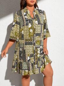 SHEIN Unity Plus Scarf Print Flare Sleeve Ruffle Hem Smock Dress - Green - View 3