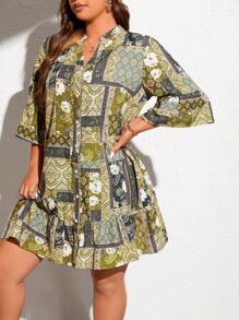 SHEIN Unity Plus Scarf Print Flare Sleeve Ruffle Hem Smock Dress - Green - View 4