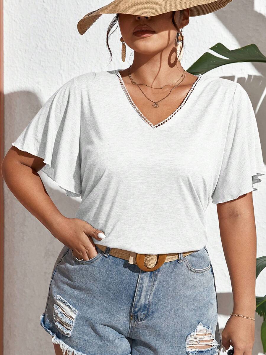 SHEIN Frenchy Talla grande Camiseta unicolor de manga mariposa - Blanco - Ver 1