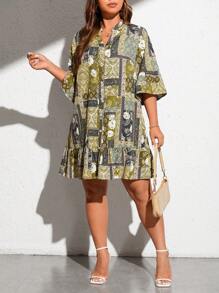 SHEIN Unity Plus Scarf Print Flare Sleeve Ruffle Hem Smock Dress - Green - View 5