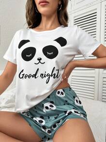 SHEIN Panda & Slogan Graphic Tee & Shorts PJ Set / Pajama Set - Multicolor - View 1