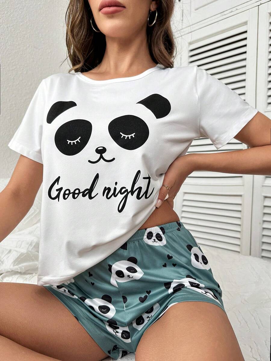SHEIN Panda & Slogan Graphic Tee & Shorts PJ Set / Pajama Set - Multicolor - View 1