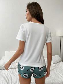 SHEIN Panda & Slogan Graphic Tee & Shorts PJ Set / Pajama Set - Multicolor - View 2