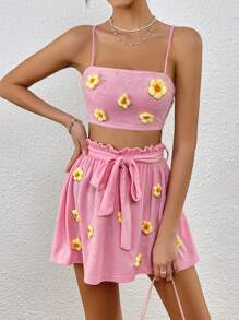 SHEIN VCAY Floral Appliques Cami Top & Paperbag Waist Belted Skirt - Pink - View 1