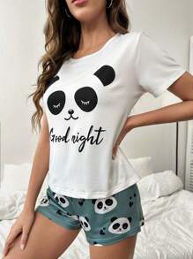 SHEIN Panda & Slogan Graphic Tee & Shorts PJ Set / Pajama Set - Multicolor - View 3