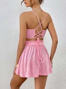 SHEIN VCAY Floral Appliques Cami Top & Paperbag Waist Belted Skirt - Pink - View 2