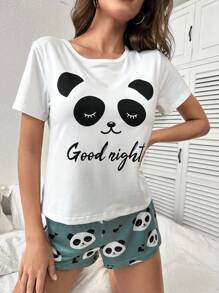SHEIN Panda & Slogan Graphic Tee & Shorts PJ Set / Pajama Set - Multicolor - View 4
