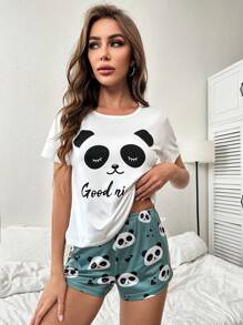 SHEIN Panda & Slogan Graphic Tee & Shorts PJ Set / Pajama Set - Multicolor - View 5