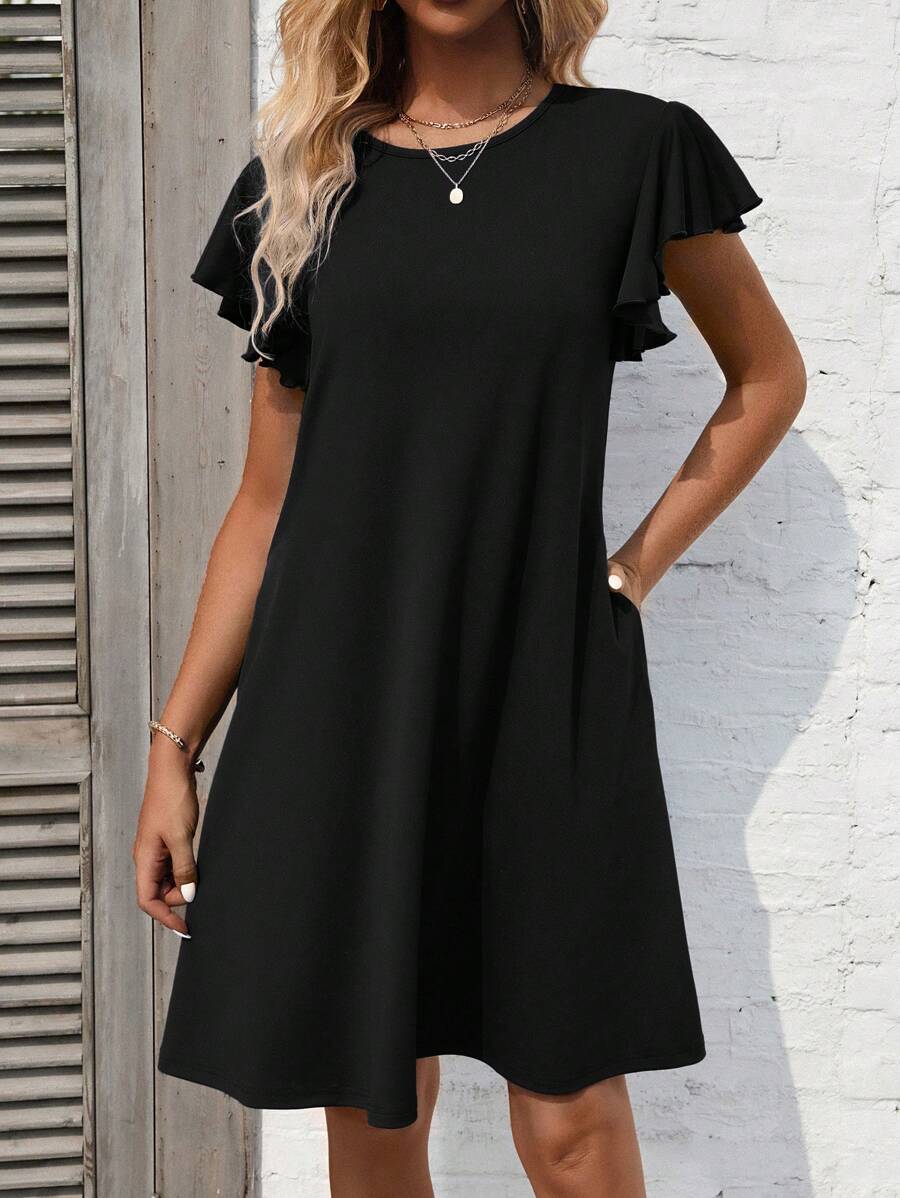 SHEIN LUNE Solid Butterfly Sleeve Tee Dress - Black - View 1