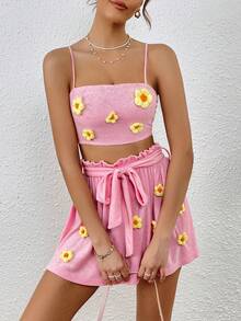 SHEIN VCAY Floral Appliques Cami Top & Paperbag Waist Belted Skirt - Pink - View 3