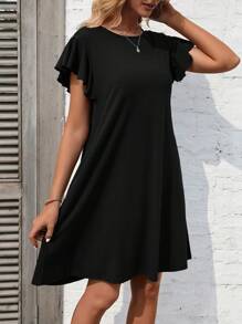 SHEIN LUNE Solid Butterfly Sleeve Tee Dress - Black - View 3